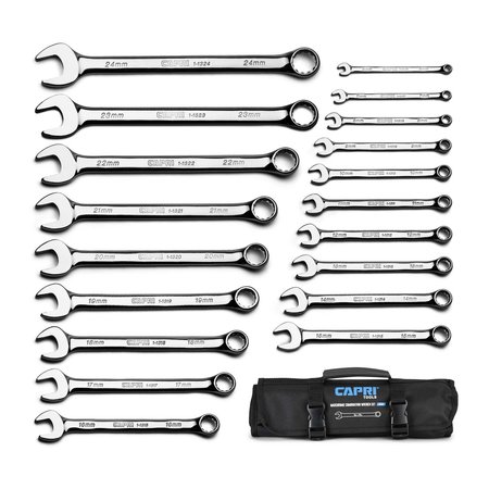 CAPRI TOOLS MaxChrome Combination Wrench Set, 6 to 24 mm, 19Pcs W HeavyDuty Canvas Pouch CP11390PK